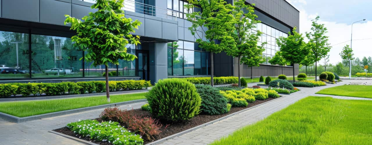 mulch in flowerbeds outside of commercial building