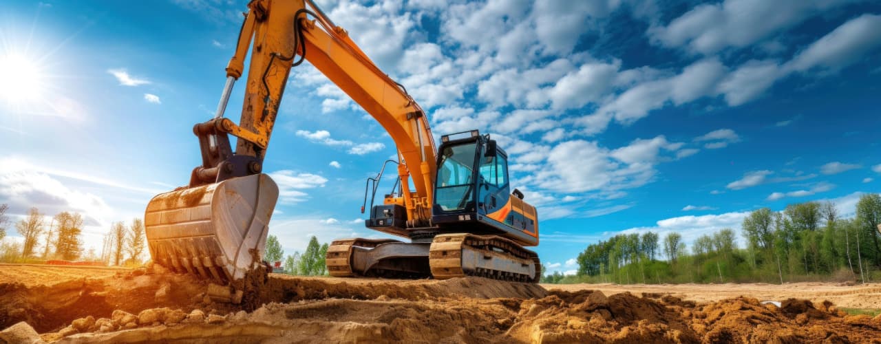 excavator with woods in background