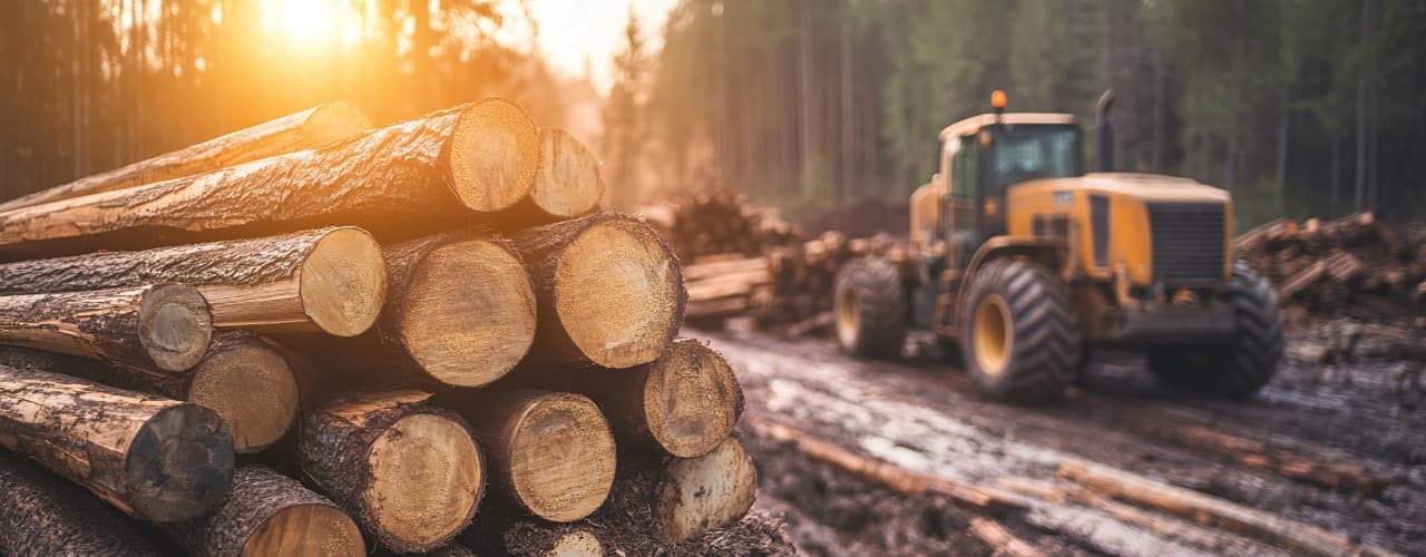 pile of logs in forest with equipment in background