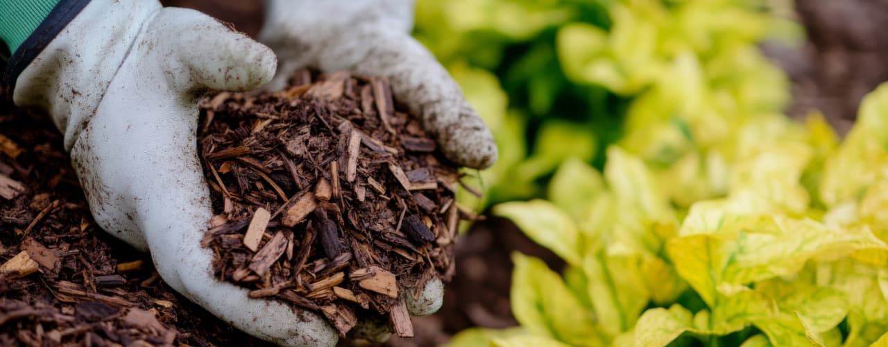 gloved hands placing mulch around plants in flowerbed