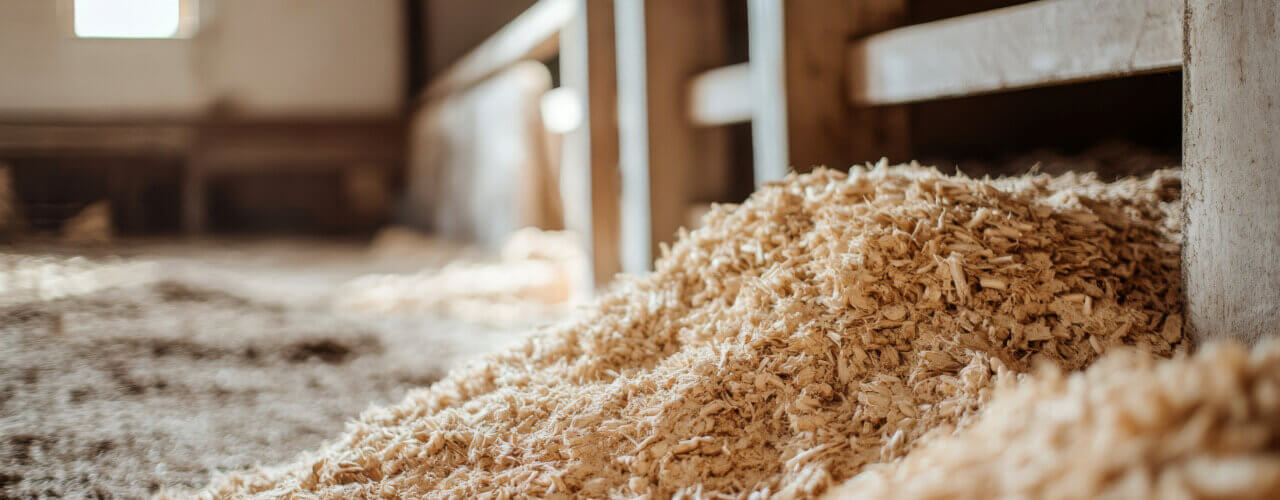 pile of wood bedding in barn in front of wooden fence